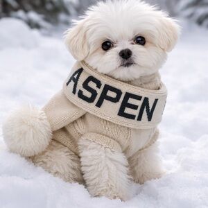 Max Bone Aspen Dog Scarf Beige Nude Black Size Medium Pom Pom Winter Outfit Soft